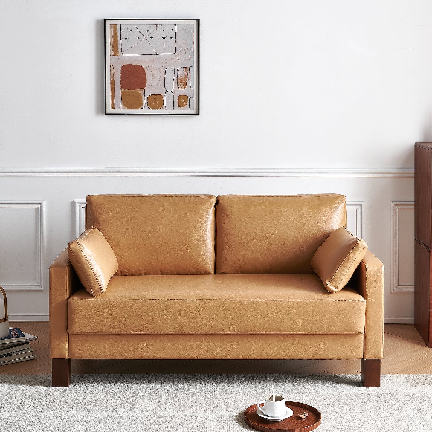 Atopston 56'' Faux Leather Couch for compact apartment and office, Tan