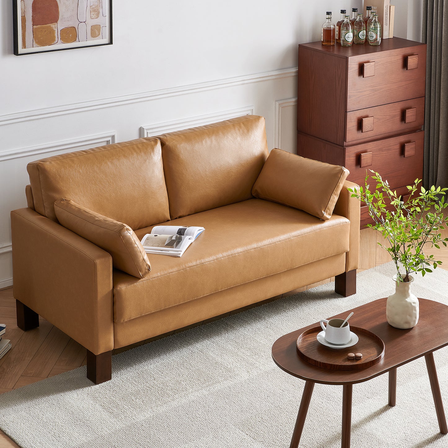 Atopston 56'' Faux Leather Couch for compact apartment and office, Tan