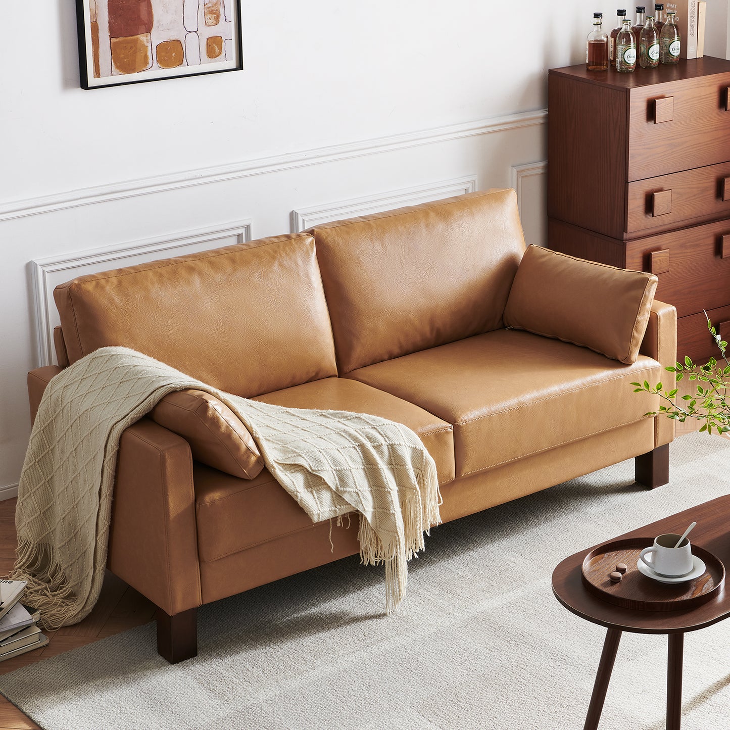 Atopston 66'' Faux Leather Couch for compact apartment and office, Tan