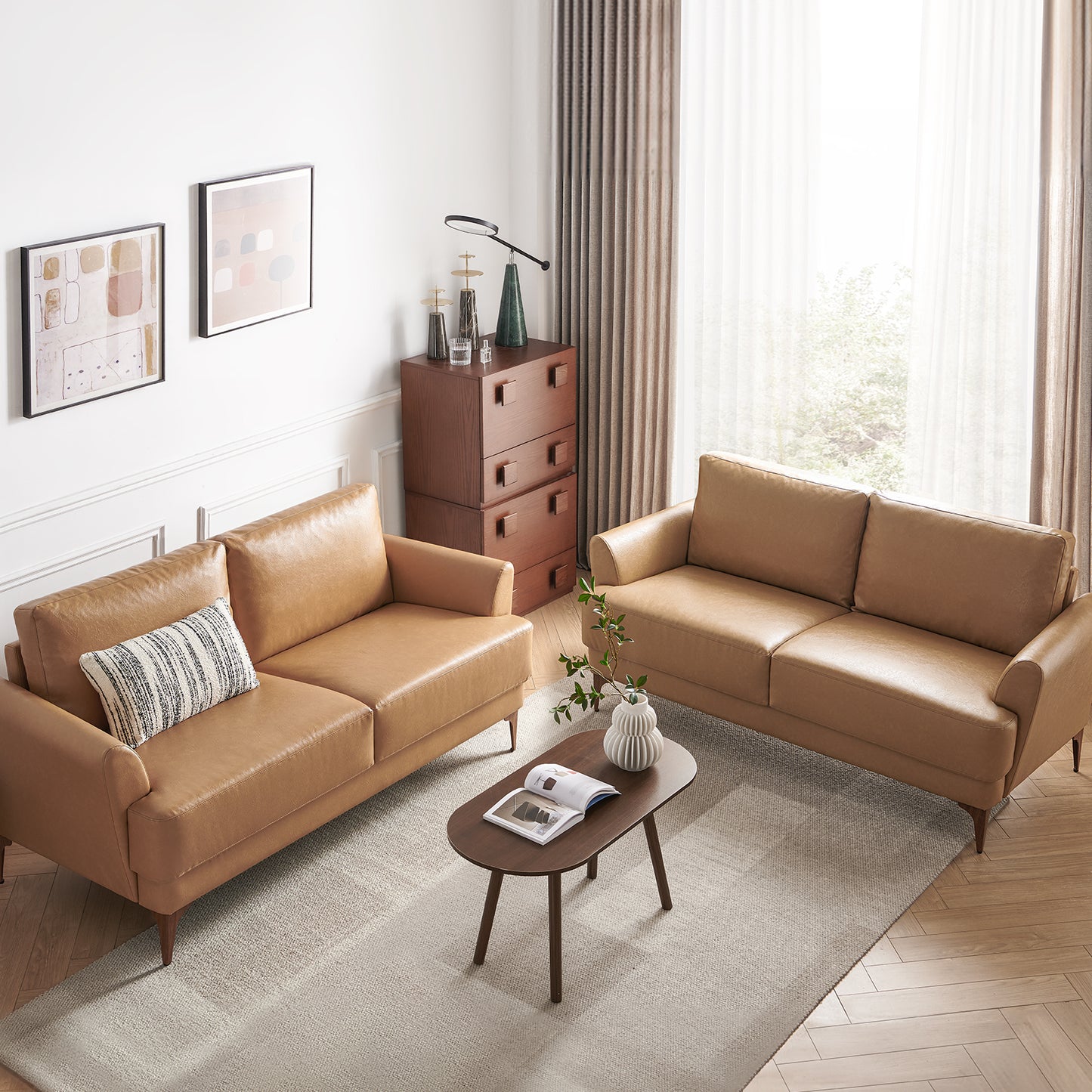 Atopston 63" Faux Leather Loveseat Sofa for Living Room Apartment, Tan Leather