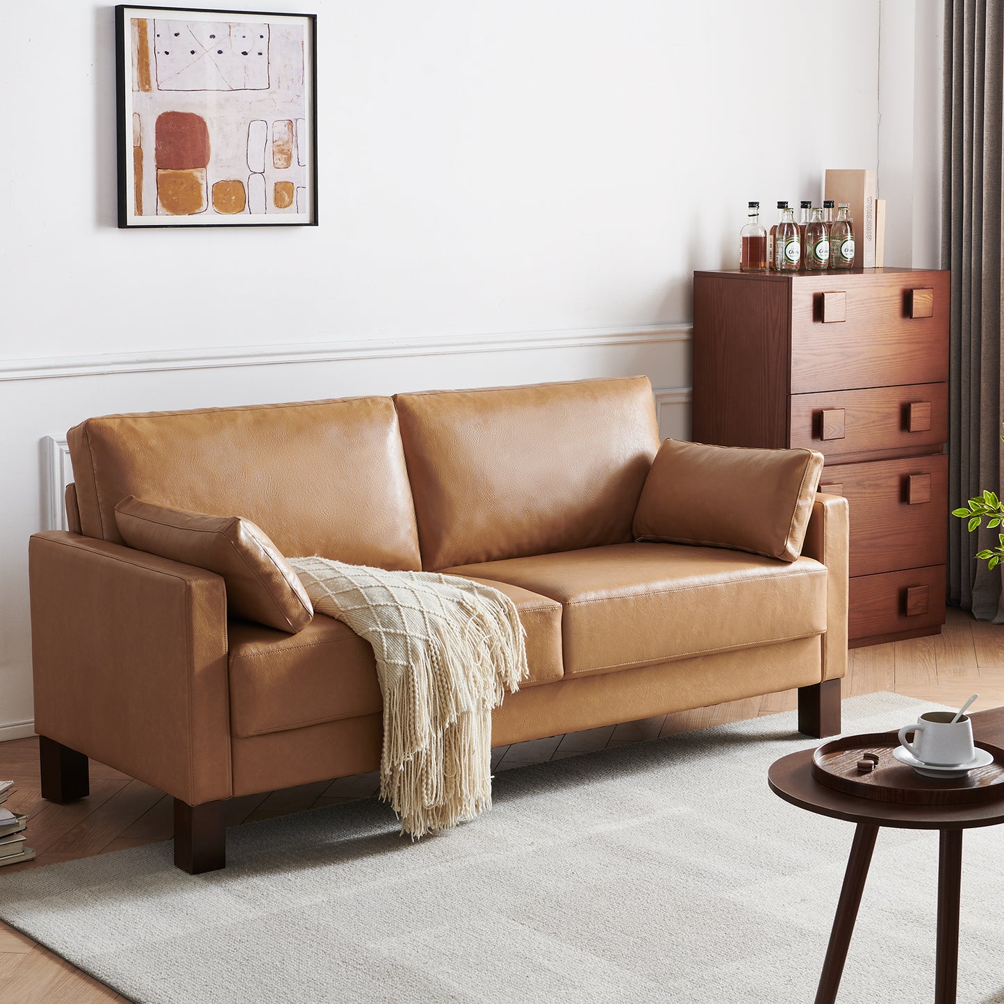 Atopston 66'' Faux Leather Couch for compact apartment and office, Tan
