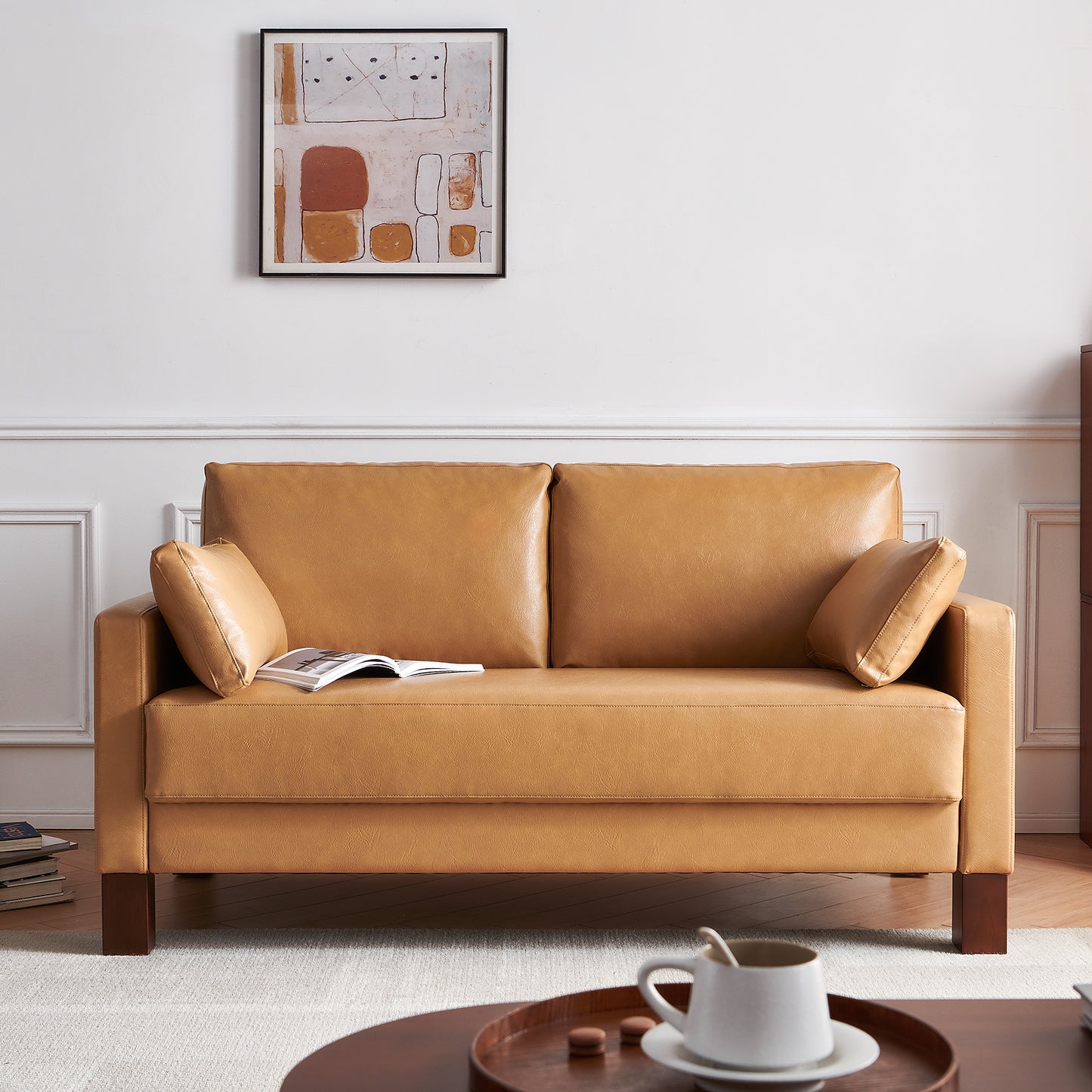 Atopston 56'' Faux Leather Couch for compact apartment and office, Tan