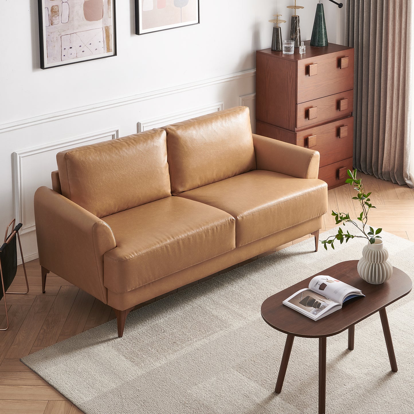 Atopston 63" Faux Leather Loveseat Sofa for Living Room Apartment, Tan Leather