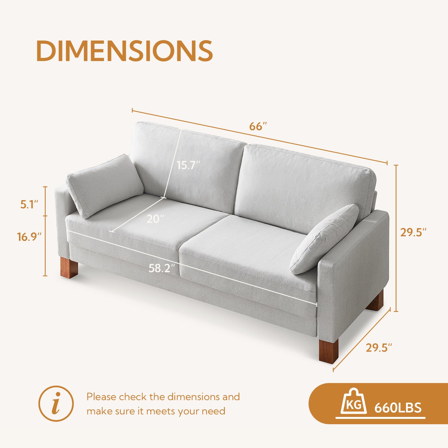 Atopston 66'' Fabric Living Room Couch for compact apartment, White