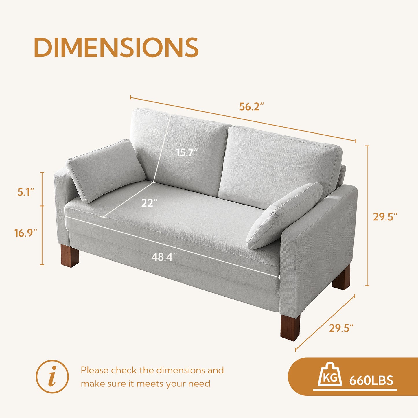 Atopston 56'' Fabric Living Room Couch for compact apartment, White