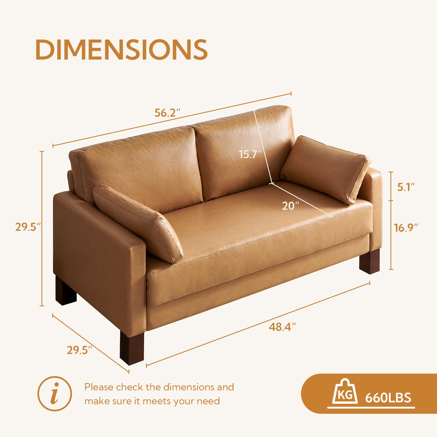 Atopston 56'' Faux Leather Couch for compact apartment and office, Tan