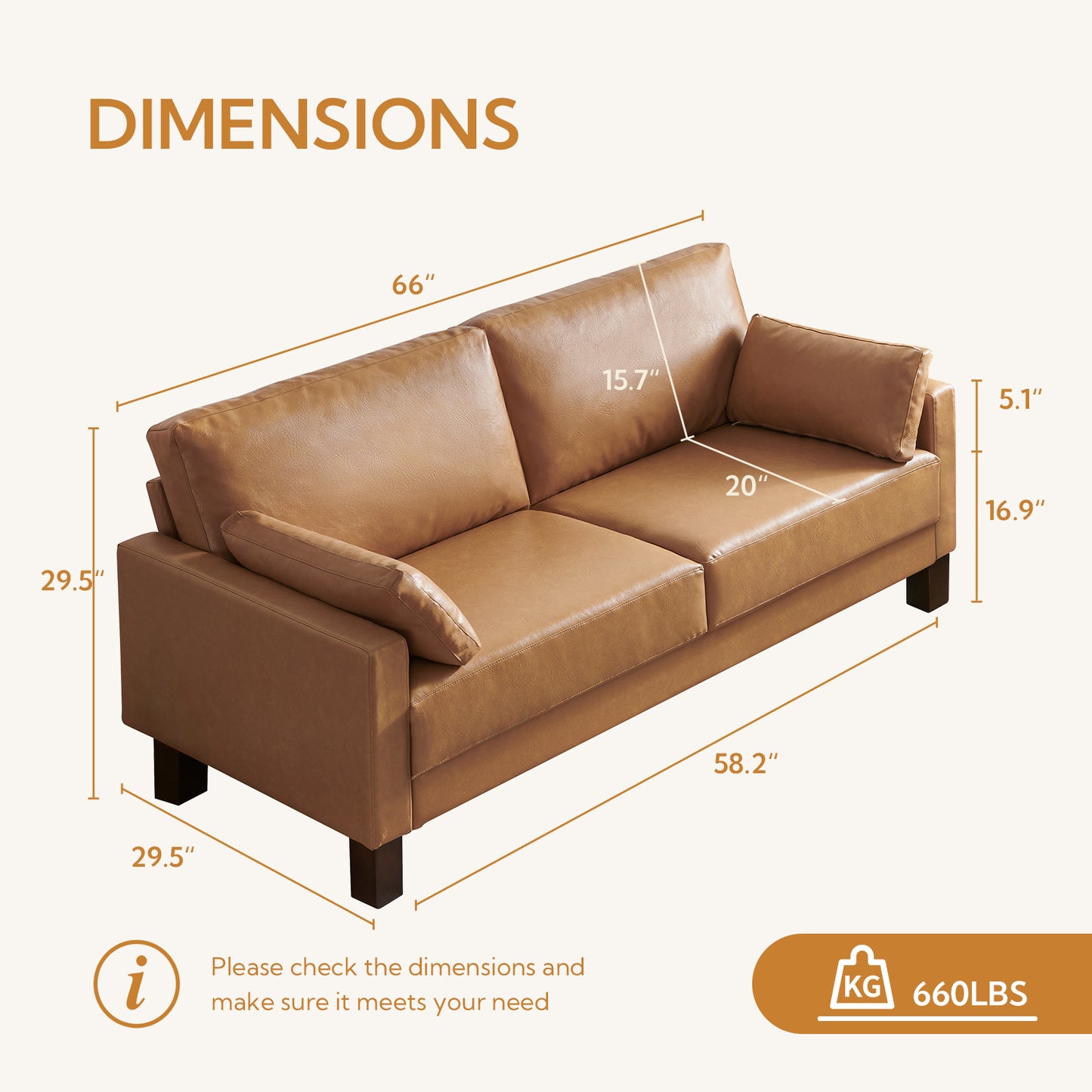 Atopston 66'' Faux Leather Couch for compact apartment and office, Tan