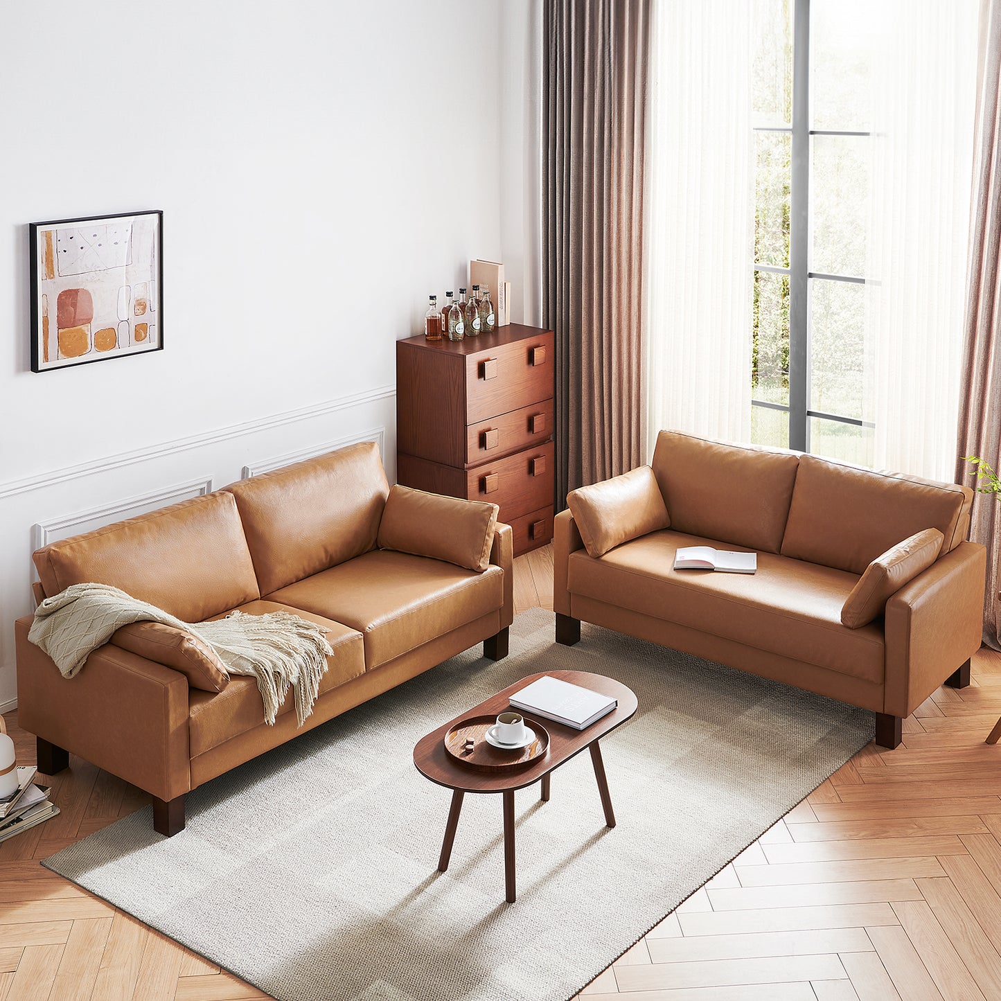 Atopston 66'' Faux Leather Couch for compact apartment and office, Tan