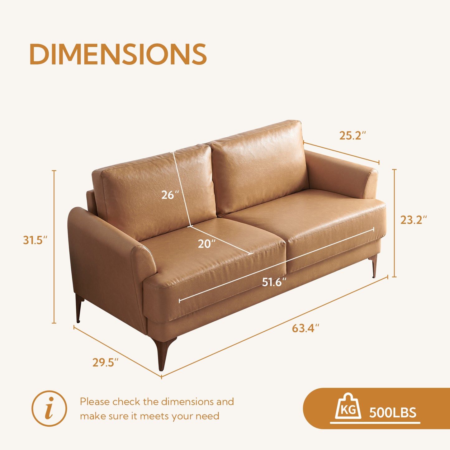 Atopston 63" Faux Leather Loveseat Sofa for Living Room Apartment, Tan Leather