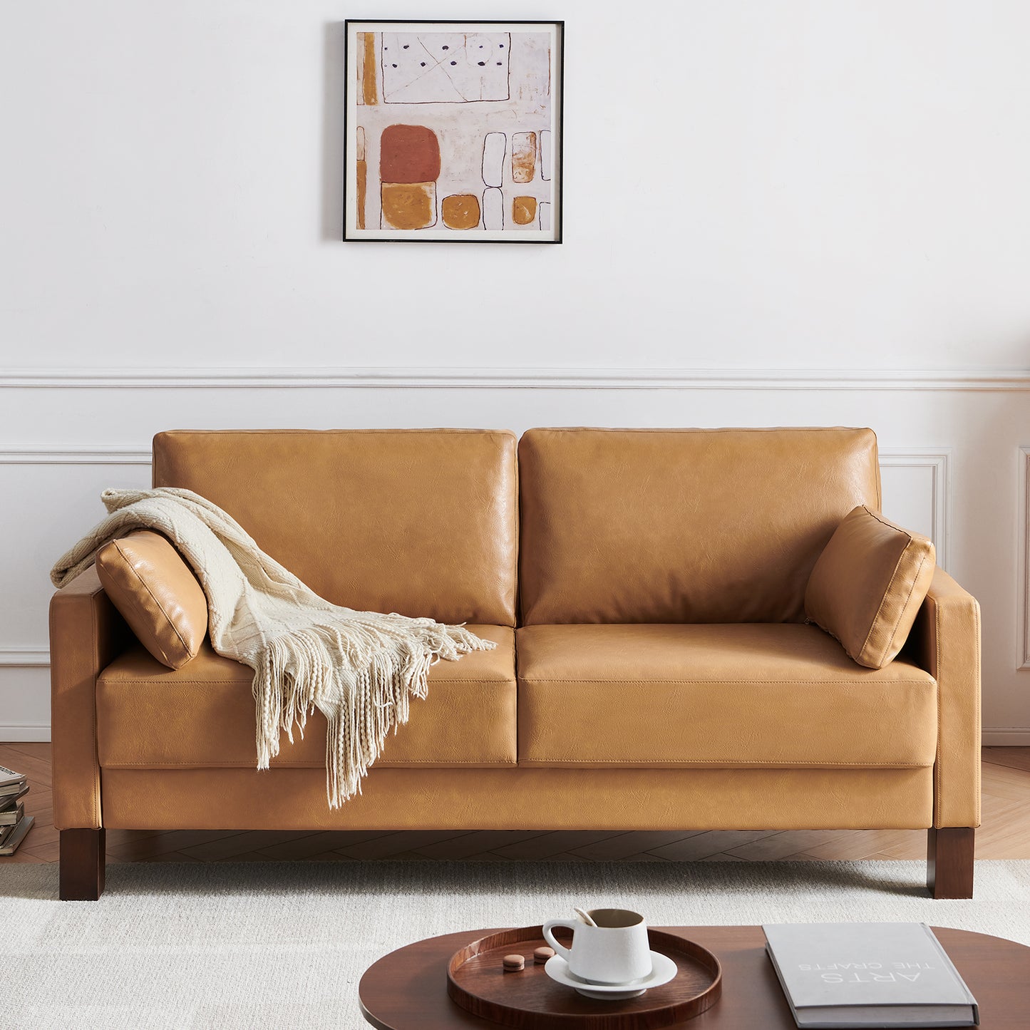 Atopston 66'' Faux Leather Couch for compact apartment and office, Tan