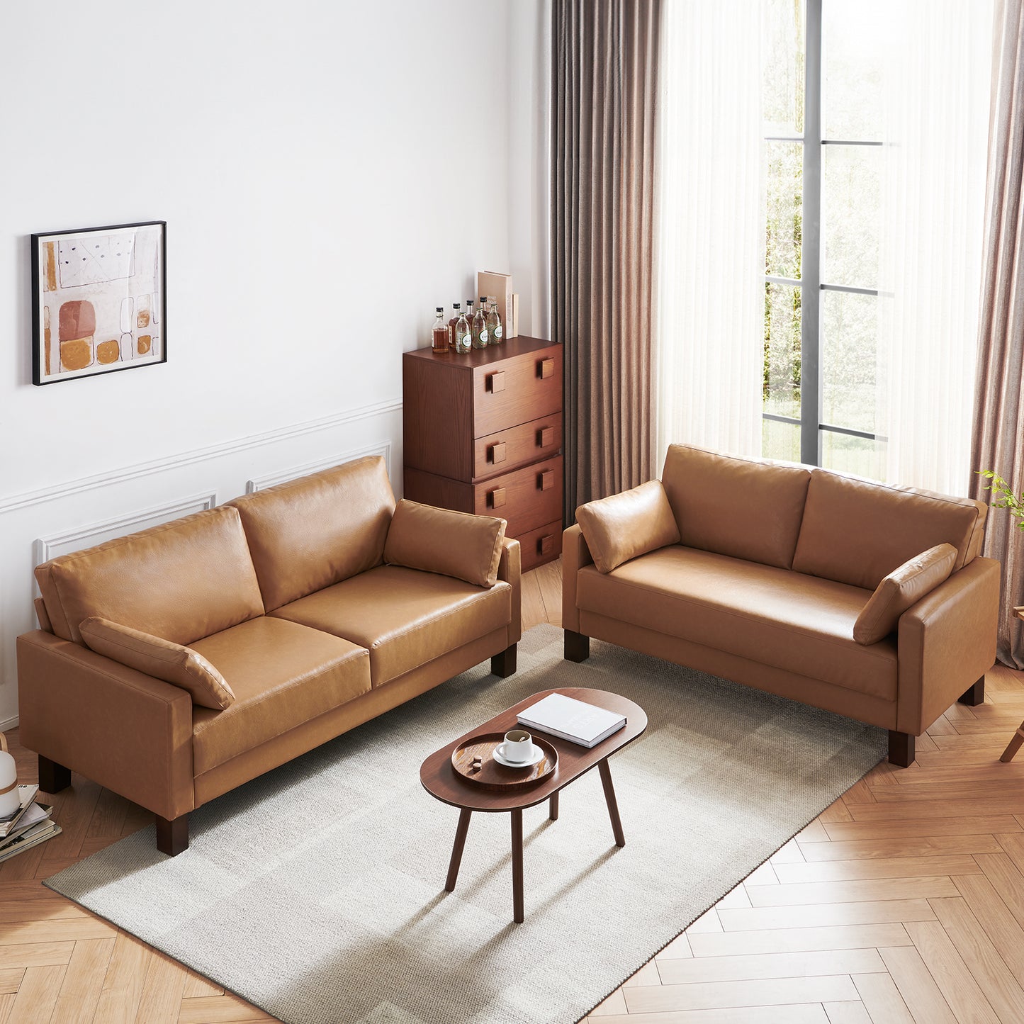 Atopston 56'' Faux Leather Couch for compact apartment and office, Tan